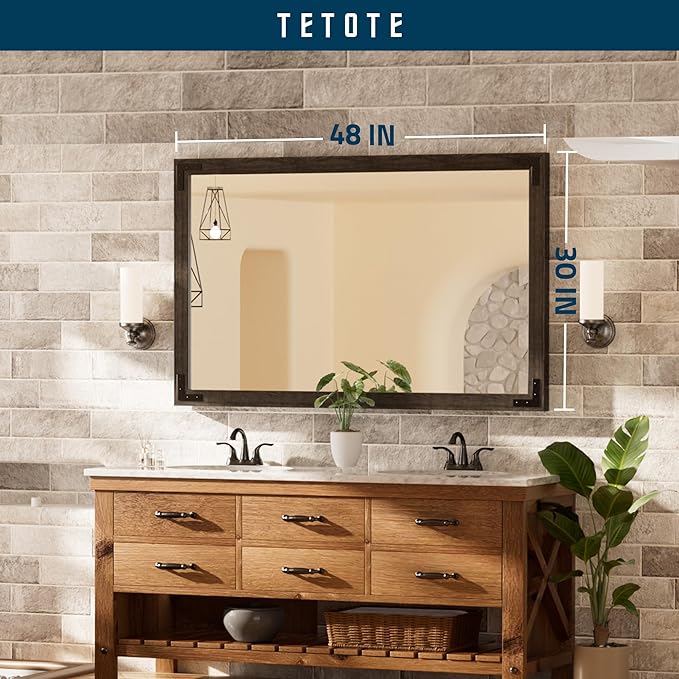 TETOTE 48 x 30 Black Wood Mirror for Bathroom Wall/Bedroom/Living Room/Entryway Farmhouse Rustic Wall Mirror Waterproof (Horizontal/Vertical Mounted)