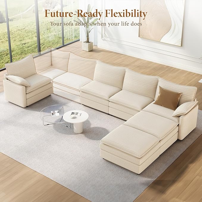 Vesgantti 142" U Shaped Sectional Couch, Comfy Cloud Modular Sectional Sofa with 2 Ottoman Deep Seat Corduroy Modern Cloud Sofa, Modular Sofas for Living Room, Bedroom and Apartment, Beige