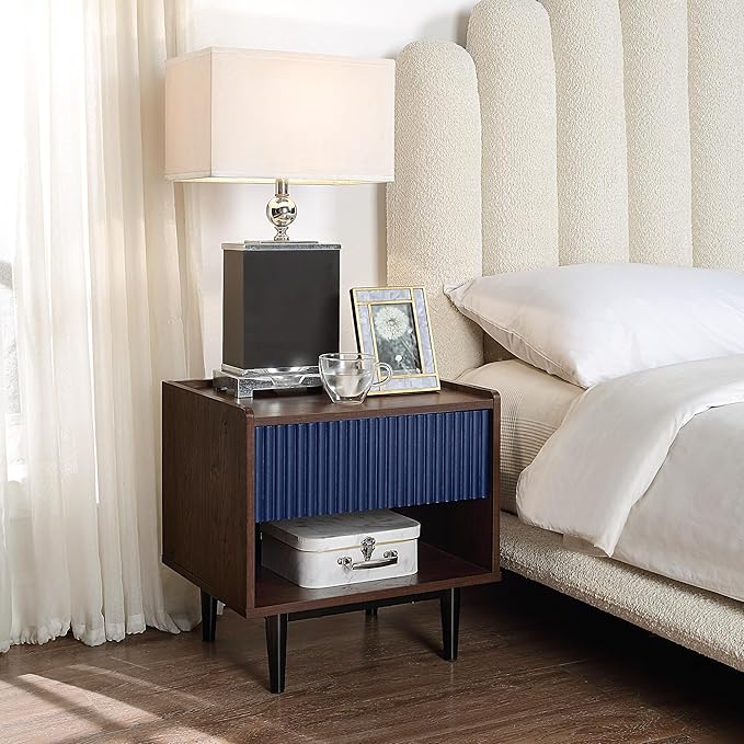 Manhattan Comfort Duane Modern Ribbed Nightstand, Bedside Table with Full Extension Drawer and Open Shelf, Industrial Chic Living Room and Bedroom Furniture, Navy Blue