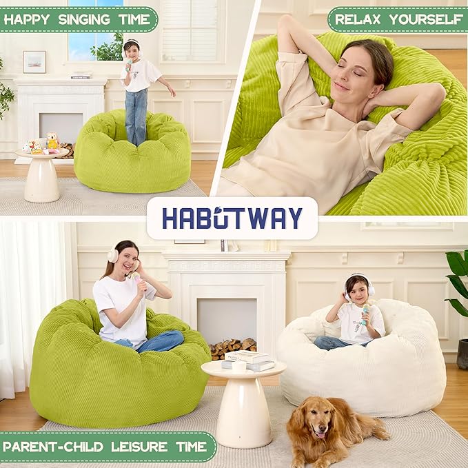 HABUTWAY Giant Bean Bag Chair for Adults/Kids/Teens, Pumpkin Bean Bag Couch Comfy Reading Chair for Bedroom, Corduroy Lazy Sofa Loughe Chair with Wider Seat Depth & Non-Slip Bottom(Light Green)