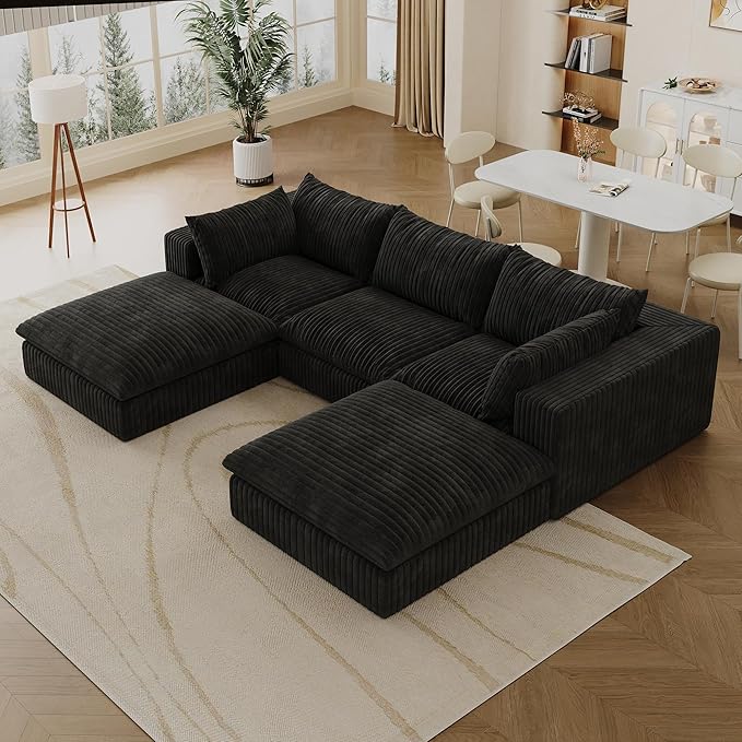 Down Filled Boneless Sectional Sofa Cloud Couch with Movable Ottomans, 118 inch Convertible U Shaped Lounge Couch w/Deep Seat, Fluffy Corduroy Upholstered Compress Modular Sofa