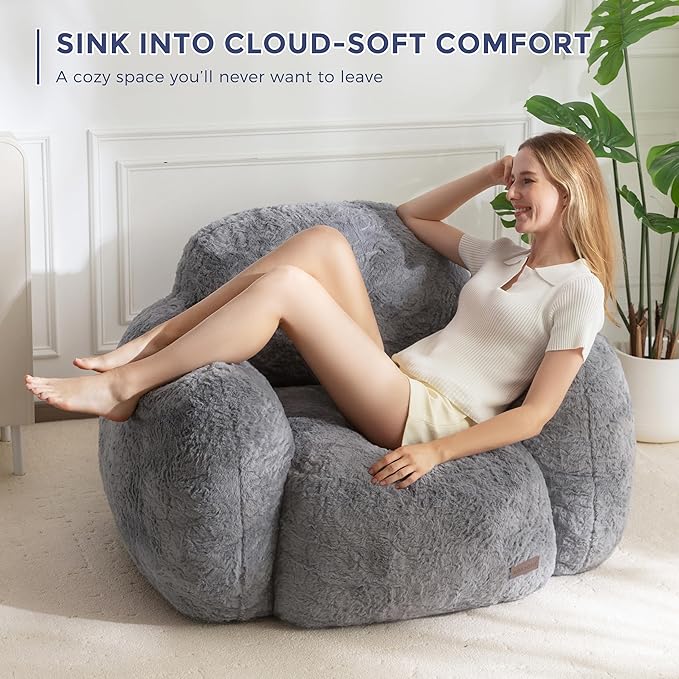 MAXYOYO Bean Bag Chair, Comfy Pebble Shaped Single Bean Bag Sofa for Adults, Stuffed Floor Sofa with Supportive Backrest & Armrests, Modern Faux Fur Accent Chair for Living Room & Bedroom, Grey