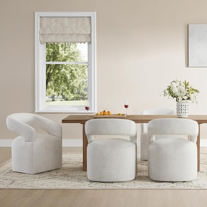 Upholstered Dining Chairs with Casters Modern Barrel Side Armchair with Rollers for Diningroom Bedroom Livingroom Reading Room, Beige, 2PCS
