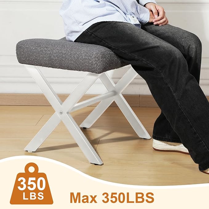 18-Inch Large Vanity Stool Chair, Vanity Bench with Metal X-Legs, Ottoman Foot Stool with Breathable and Soft Boucle Fabric Saddle Seat, Grey
