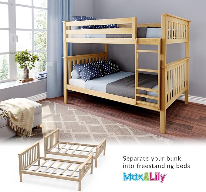 Max & Lily Full Over Full Bunk Bed with Ladder, Solid Wood Platform Bed Frame for Kids, 14" Safety Guardrails, Easy Assembly, No Box Spring Needed, Natural
