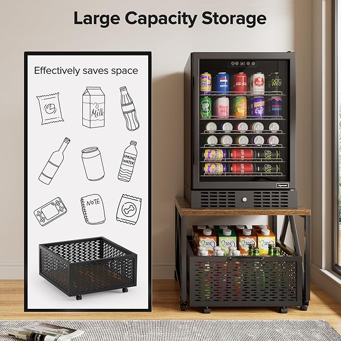 Urban Deco Mini Fridge Stand with Storage, Heavy Duty Fridge Cart with Drawer Basket, Mini Refrigerator Table for 220 LBS, Mobile Fridge Stand with Swivel Wheels for Dorm,Office,Home,Retro Brown
