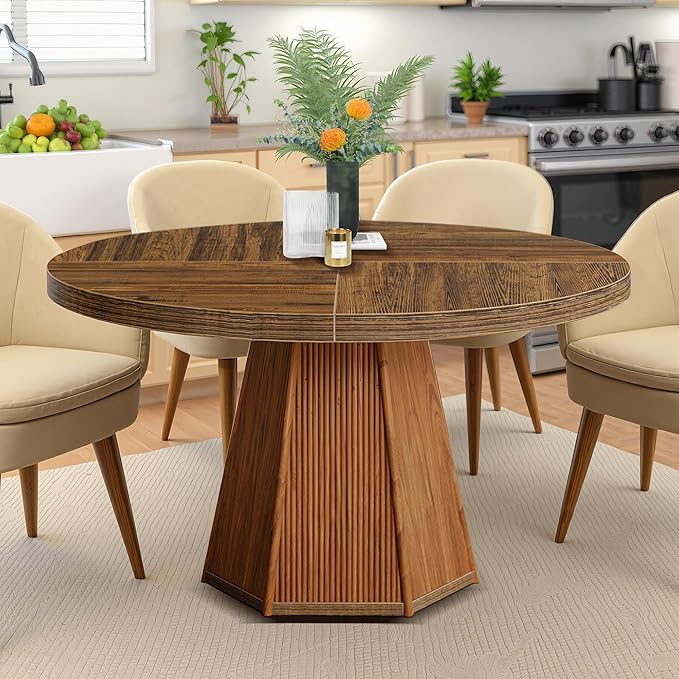 Round Dining Table for 4, 47 Inch Dinner Table Square Farmhouse Kitchen Tables with Sturdy Wooden Pedestal Base for Dining Room, Kitchen, Living Room, Dark Brown