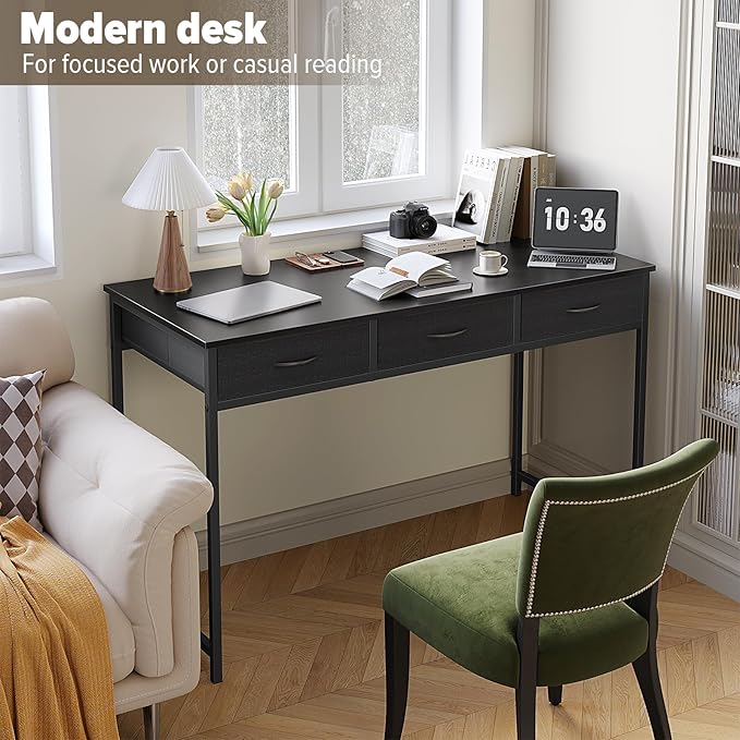 WOHOMO Computer Desk with 3 Drawers, 47.2 Inch Bedroom Desk with Storage, Home Office Desk for Room Spaces, Modern Work Writing Study Tables, Black