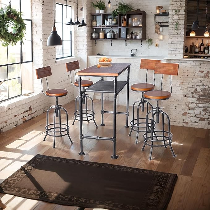LOKKHAN Industrial Bar Stool-Adjustable Swivel Round Wood Metal Kitchen Stool-26-32.3 Inch-Rustic Farmhouse-Counter Height Extra Tall Bar Height Stool-Arc-Shaped Backrest,Welded,Set of 2