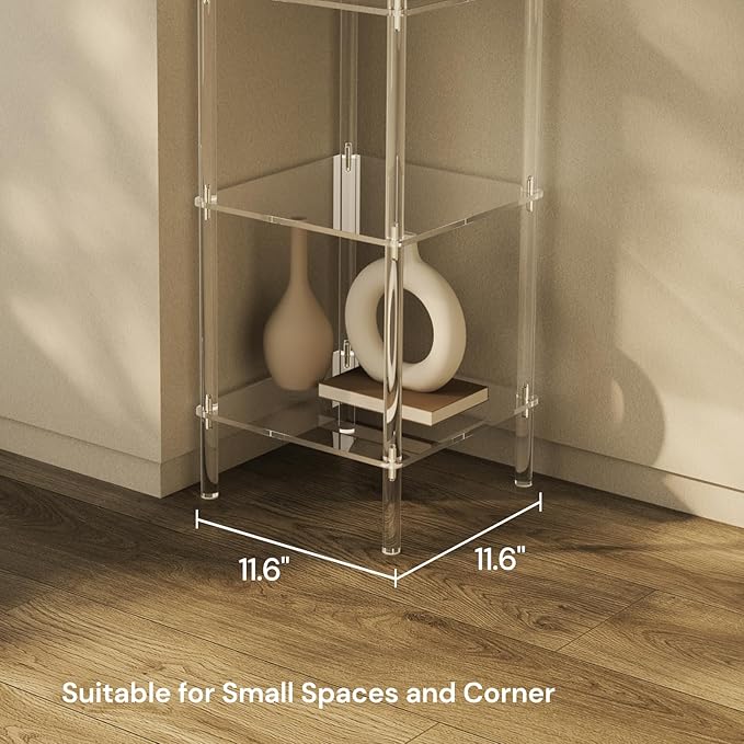 5 Tier Square Acrylic Bookshelf, Small Bookcase with Acrylic Fittings for Fixing to Wall, Corner Display Shelf for Living Room, Bedroom, Bathroom, Small Spaces, Clear, 11.6'' W x 44'' H