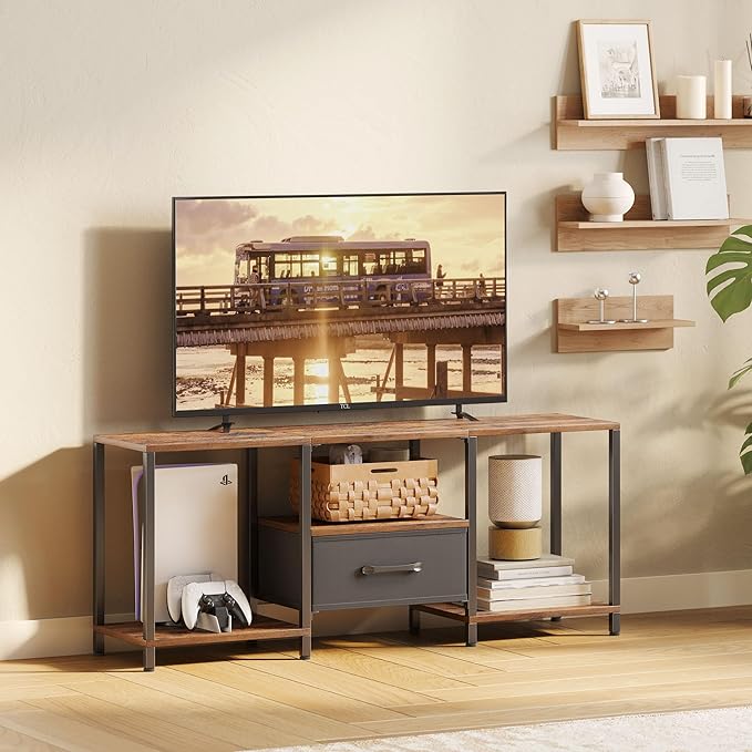 TV Stand with Fabric Drawer for 55 Inch TV, Entertainment Center with Open Shelves, Media TV Console Table for Living Room, Bedroom, Rustic Brown