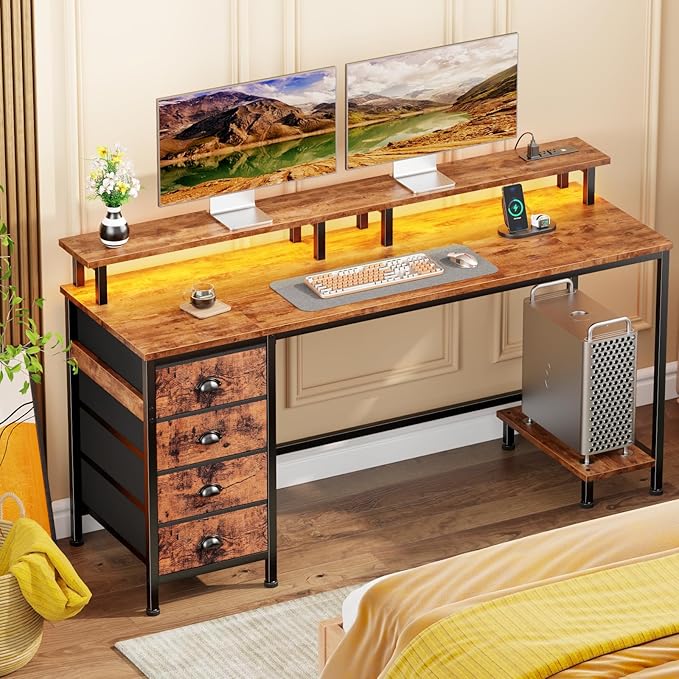 Furologee 55 Inch Computer Desk Gaming with 4 Fabric Drawers with Power Outlets and LED Lights for Home Office with Full Monitor Stand and Shelf Study Table for Small Spaces Rustic Brown