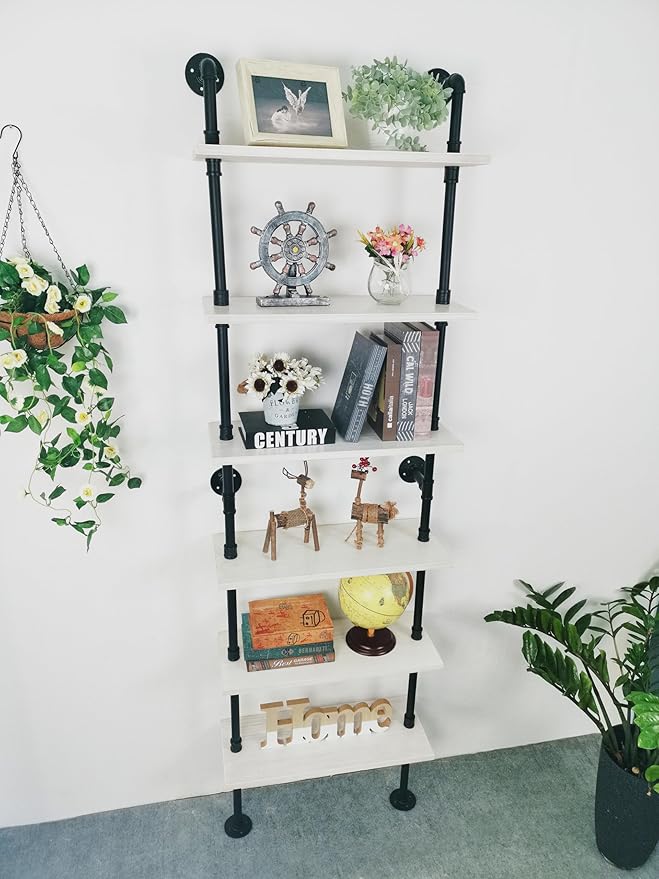Industrial Ladder Pipe Shelves, Wall Mounted Wood Metal Rustic Bookshelf for Living Room (White, 6 Tier - 10" D x 24" W x 82.5" H)