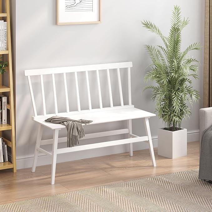 Bamboo Dining Bench, Wooden White Entryway Bench with Spindle Back Farmhouse Wood Windsor for Foyer Balcony Living Room Comfortable Winsor Chair Benches for Home