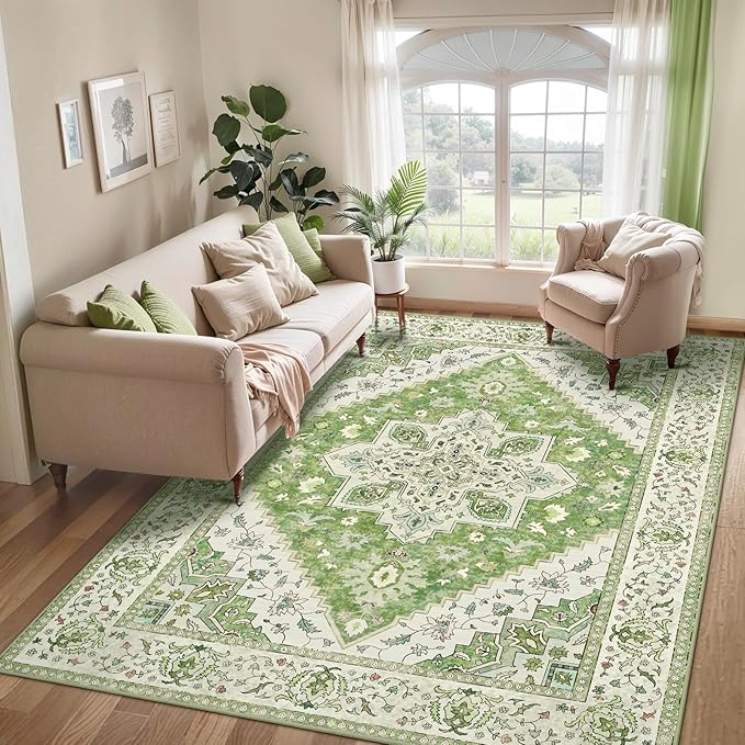 Tangsoo 5x7 Area Rug Washable Rug for Living Room, Vintage Indoor Non Slip Large Area Rugs, Print Distressed Green Carpet, Soft Low Pile Foldable Floor for Bedroom Dining Room Dorm