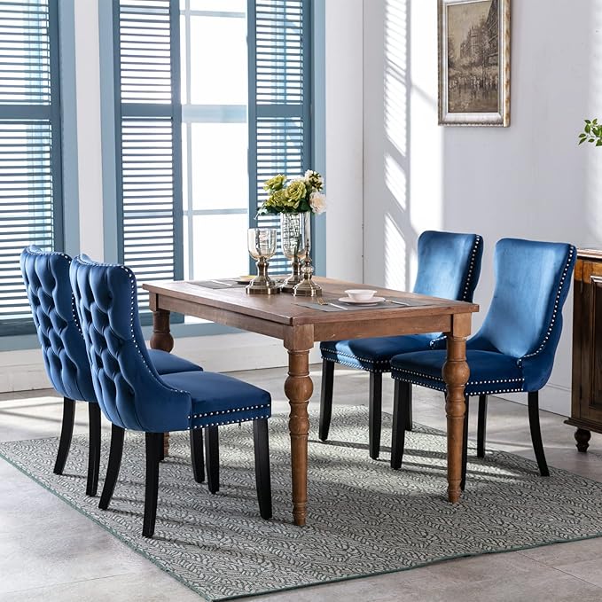 PacknWood Acosure Set of 2 Velvet Upholstered Wing-Back Dining Chair with Backstitching Nailhead Trim,Exquisite Furniture Stool W/Wood Legs,for Kitchen,Sitting Room,Blue