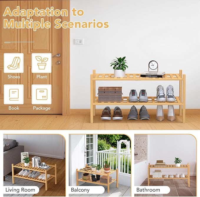 Haddockway Large 2 Tier Bamboo Shoe Rack Storage Organizer,Multifunctional Free Standing Stackable Shoe Shelf with Grid Panel for Closet,Hallway,Entryway,Small Space 27"x12"x14"(Natural, 2-Tier Large)