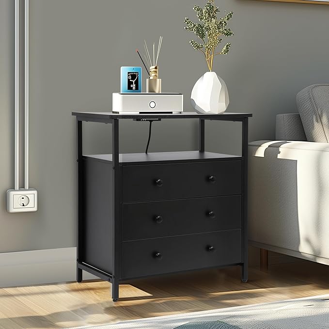 3 Wooden Drawers Night Stand, 27 Inch Wide Nightstand with Charging Station and Adjustable Drawers, Bedside Table for Living Room/Bedroom/Office, Black.
