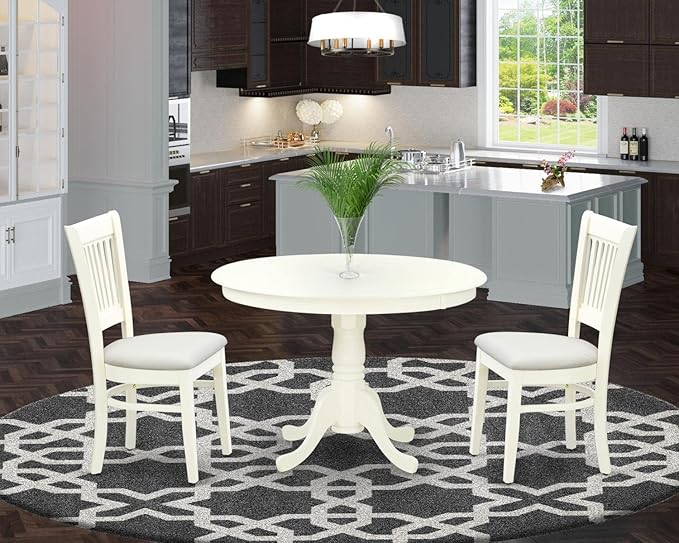 East West Furniture HLVA3-LWH-C 3 Piece Kitchen Table & Chairs Set Contains a Round Dining Table with Pedestal and 2 Linen Fabric Dining Room Chairs, 42x42 Inch, Linen White
