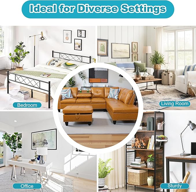 Couches for Living Room PU Leather L Shaped Couch Comfy 3 Pieces Sectional Sofa with Chaise, Ottoman with Storage for Office and Small Apartment, Ginger