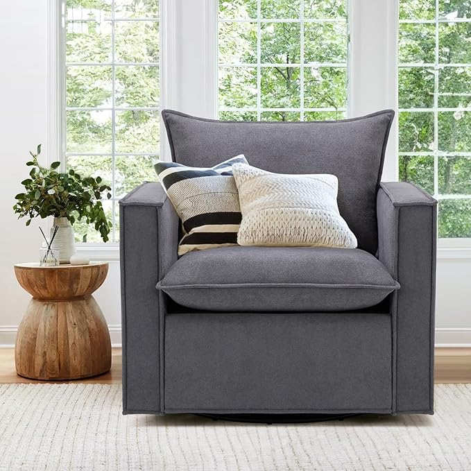 COLAMY Swivel Accent Chair Set of 2, 34 Inches Wide Upholstered Arm Chair with Plump Back Pillow, Modern Sofa Living Room Chair for Bedroom, Corner, Reading Nook-Grey