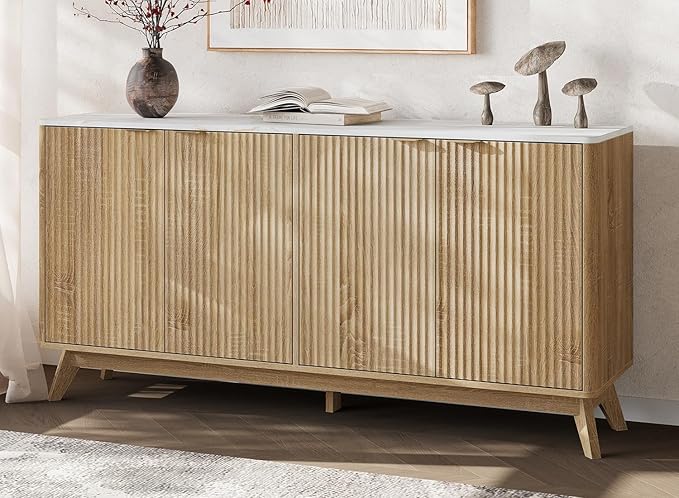Buffet Cabinet with Storage, Fluted Multifunctional Storage Cabinet with 4 Doors, Sideboard Cabinet with Doors Modern Buffet Table Accent Coffee Bar Console Table,fluted buffet cabinet