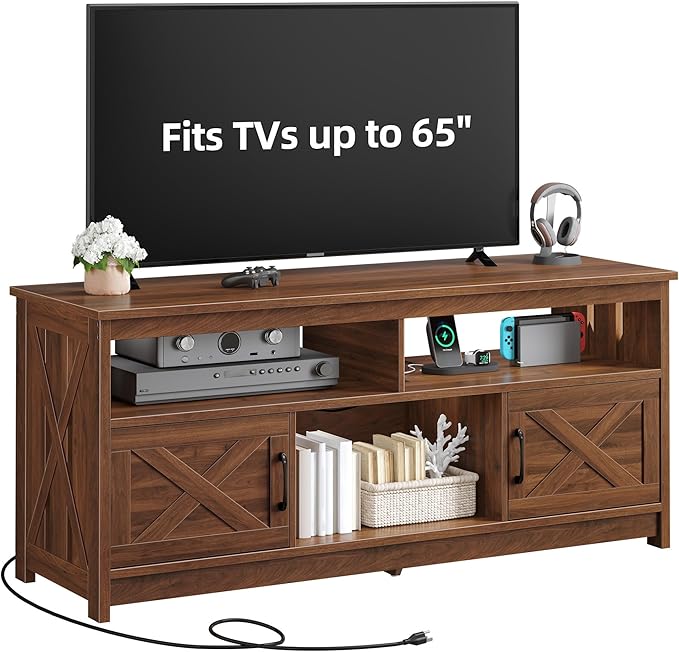 YITAHOME TV Stand for 65/55 Inch TV, Farmhouse Entertainment Center with Storage, Power Outlets and Open Shelf, Media Console TV Cabinet for Living Room, Walnut