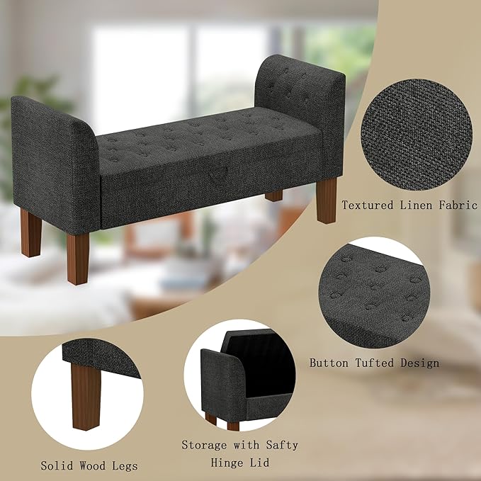 Awonde Storage Bench for Bedroom End of Bed Button Tufted Upholstered Bench Storage Ottoman Bench with Arms 52" Settee Bench Gray Linen