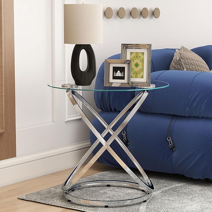 OIOG Glass Round End Table, Modern Contemporary Side Table for Small Space with Tempered Glass Tabletop for Living Room, Chrome Finish