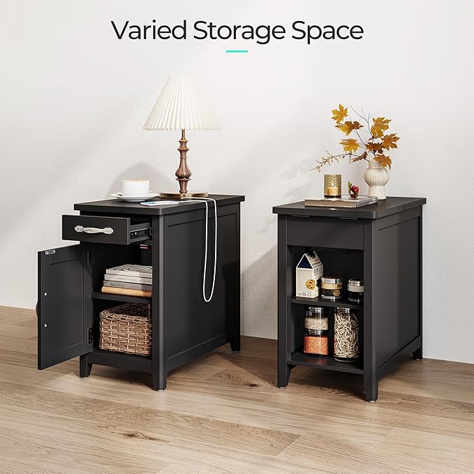 LINSY HOME Farmhouse End Table with Charging Station, Narrow Side Table for Living Room, Sofa Side Table with Drawer and Storage Cabinet, Small Nightstand for Home Office