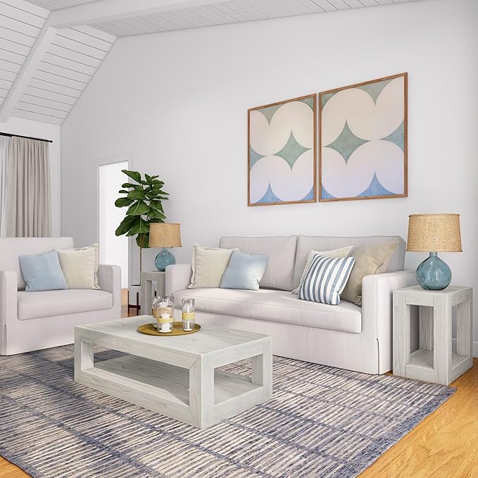 Plank+Beam 40" Modern Rectangular Coffee Table with Shelf, Solid Wood Center Table with Storage, 2 Tier Tea Table for Living Room, White Sand Wirebrush