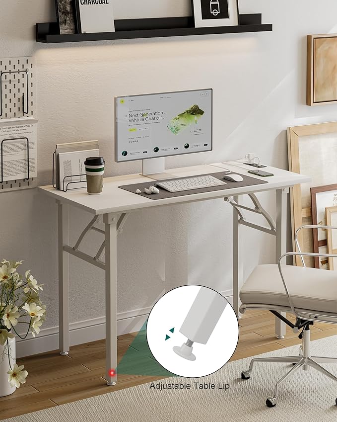 Frylr Small Folding Computer Desk β 43.3 Inch Portable Table for Craft and Study, Lightweight Desk for Small Spaces, Foldable Laptop Table Built-in AC/USB Outlets for Convenience, White