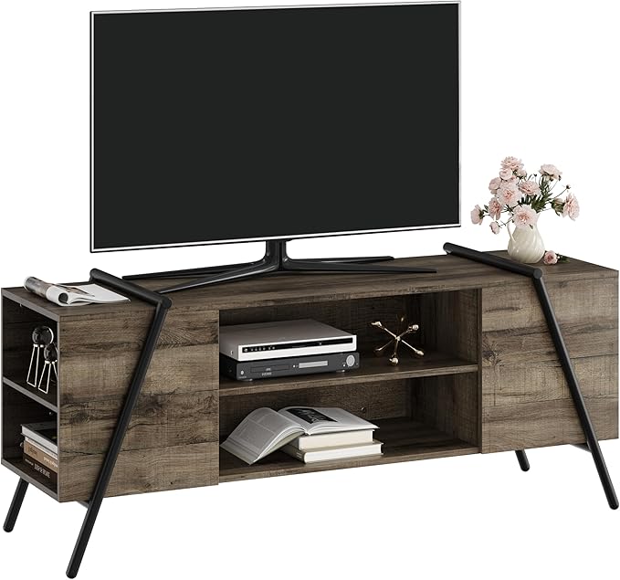 TV Stand for 65 60 55 50 Inch TV, 55" Mid Century Modern Entertainment Center with Adjustable Open Shelves & Metal Legs, Industrial Media Console Table for Living Room, Oak