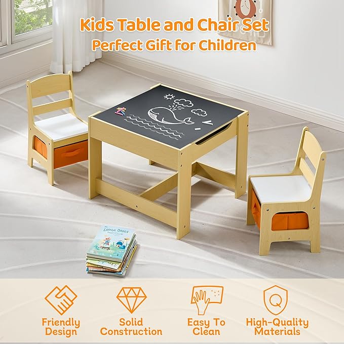 Kids Table and Chairs Set, 4 in 1 Wooden Kids Table with Reversible Tabletop, Children Activity Table with Removable Tabletop Storage, Toddler Table and Chair Set for Home, Nursery, Playroom