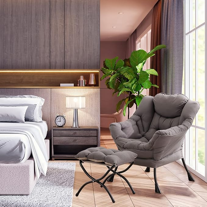 LITA Lazy Chair with Ottoman, Modern Accent Leisure Upholstered Lazy Sofa Armchair, Contemporary Lounge Reading Chair with Armrests and a Side Pocket for Living Room, Bedroom & Small Space, Dark Grey