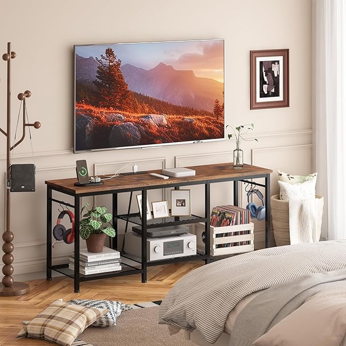 YGEOMER Entertainment Center for 55 inch TVs, TV Stand with Power Outlet and Open Storage Shelves, TV Media Console Table for Living Room and Bedroom, Rustic Brown