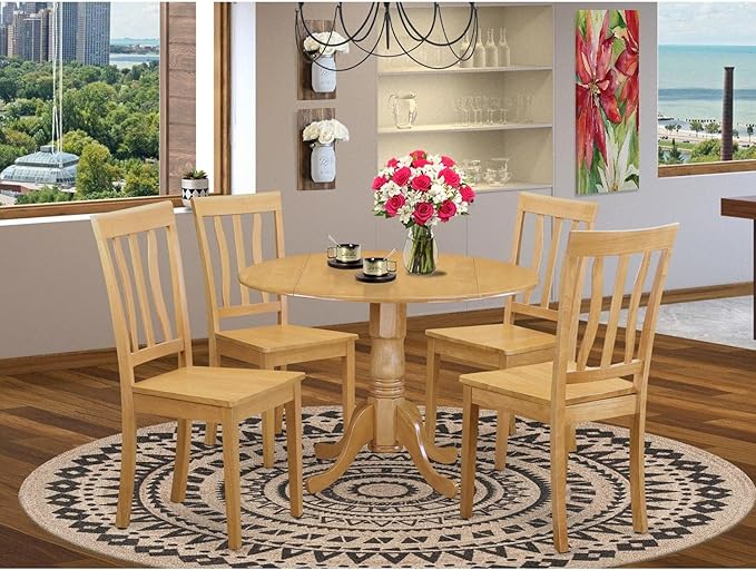 East West Furniture DLAN5-OAK-W 5 Piece Kitchen Table Set for 4 Includes a Round Dining Room Table with Dropleaf and 4 Solid Wood Seat Chairs, 42x42 Inch, Oak