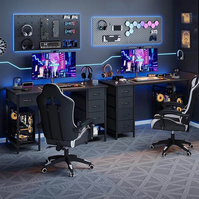 Computer Desk with 4 Drawers, 47 Inch Office Desk with Storage, Gaming Desk with CPU Shelves, Writing Desk Work Desk for Home Office, Study, Bedroom, Work from Home, Black