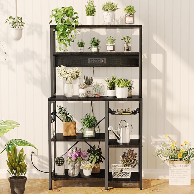 SUPERJARE Bakers Rack with Power Outlet, 35.4 Inches Coffee Bar with Wire Basket, Kitchen Microwave Stand with 6 S-Shaped Hooks, Open Storage Shelves, Black