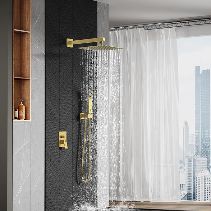 SR SUN RISE 12 Inches Bathroom Luxury Rain Mixer Shower Combo Set Wall Mounted Rainfall Shower Head System Brushed Nickel Finish Shower Faucet Rough-In (12 Inch, Brushed Gold)