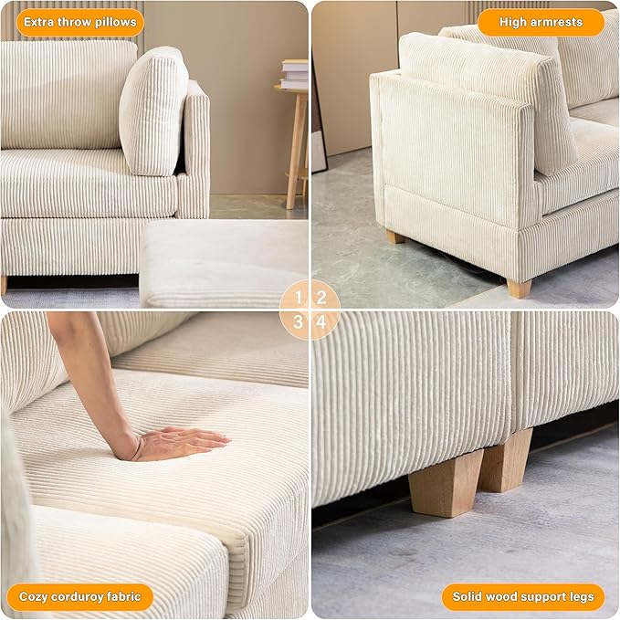 126" Convertible L-Shaped Modular Sectional Sofa, 4 Seater Corduroy Upholstered Corner Sofa Couch with Extra Wide Deep Seat, DIY Combination Lounger Sofa with Solid Wood Legs for Living Room Office