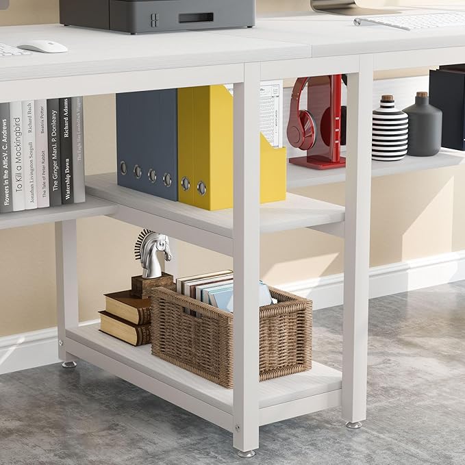 Tribesigns Two Person Desk with Bookshelf, 78.7 Computer Office Double Desk for Two Person, Rustic Writing Desk Workstation with Shelf for Home Office (White)