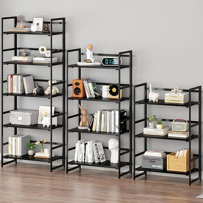 BHG Vintage Multifunctional Folding Bookshelf, No-Assembly Plant Stand Storage Rack Shelves for Home Office (All Black, 5-Tier)