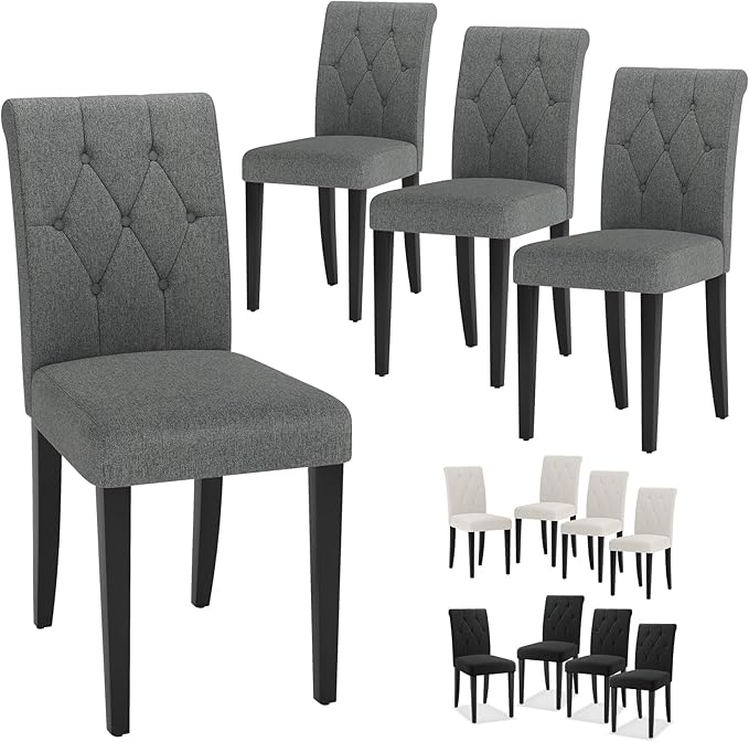 Upholstered Dining Chairs Set of 4, Button Tufted Parsons Dining Chair with Solid Wood Legs, Modern Fabric Side Chair for Dining Room/Kitchen/Restaurant/Hotel- Grey