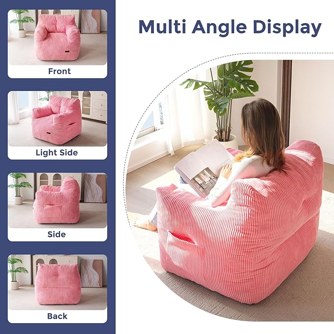 MAXYOYO Bean Bag Chair, Tufted Bean Bag Couch Lazy Chair, Living Room Sofa Couch with Filler for Adult Teens Kids, Corded Fabric Accent Sofa for Bedroom Dorm, Pink
