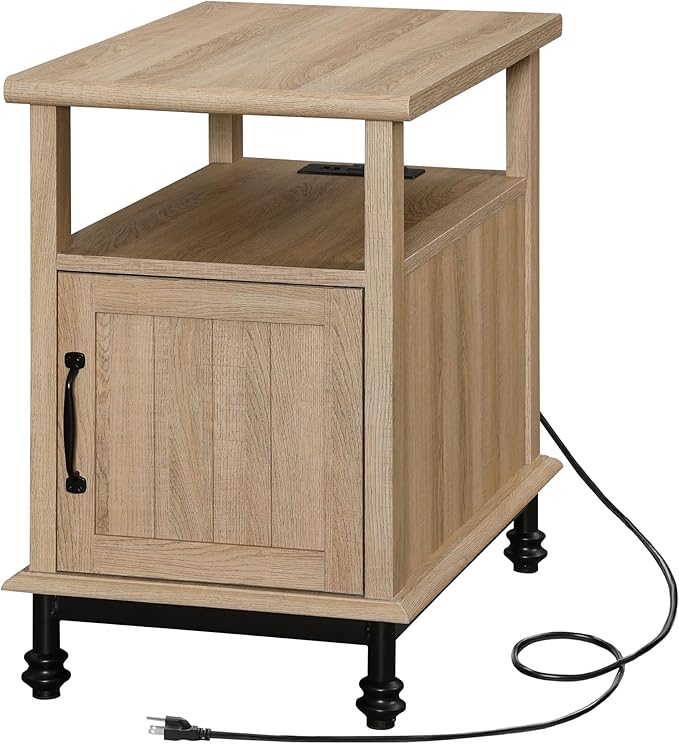 WAMPAT Oak End Table with Charging Station, Sofa Side Table with Storage Cabinet for Living Room, Light Wood Bedside Table with Metal Leg, Farmhouse Nightstand for Bedroom