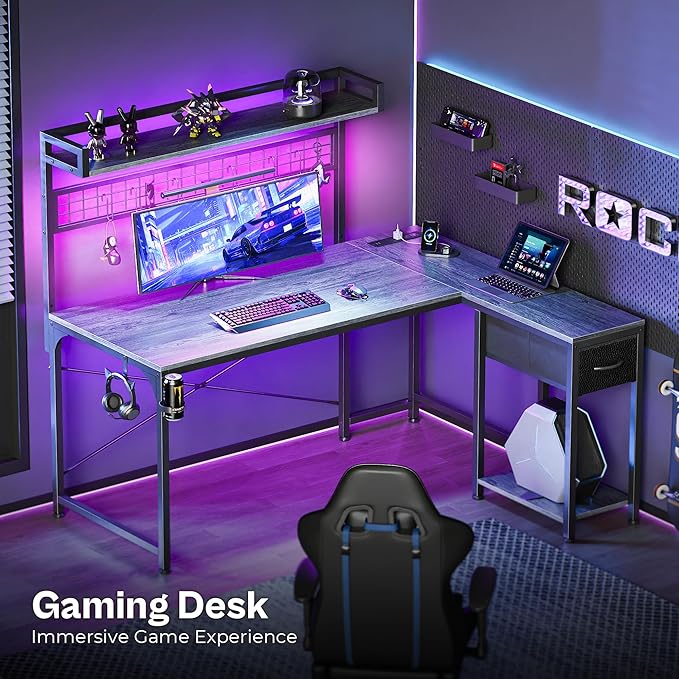 PRAISUN L Shaped Gaming Desk with Shelves, Corner Computer Table with LED Lights, Power Outlets and USB-C Ports, 50 Inch Reversible Home Office Desk with Storage Drawer, for Work and Study, Grey