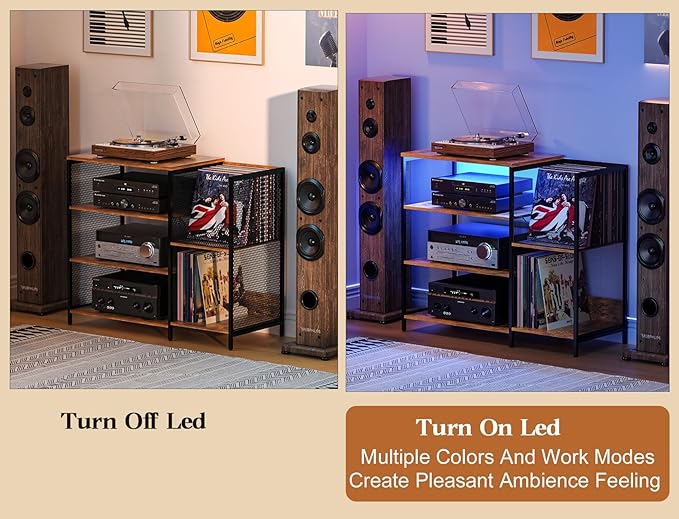 Large Record Player Stand Table with vinyl record holder, AV Media Stand With Charging Station & USB Ports, Stereo Cabinet Stand with Led Strip Light, Sturdy, Adjustable Feet, Rustic, Large Capacity
