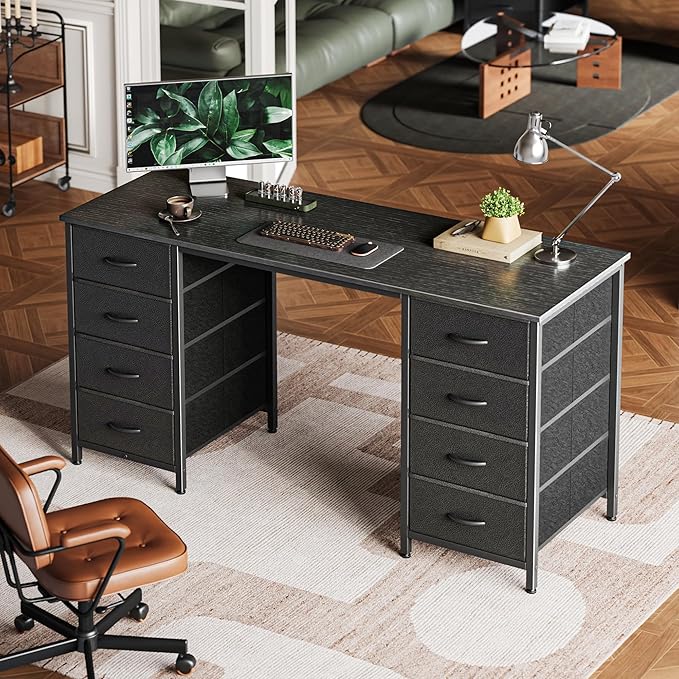 Huuger 55 Inch Computer Desk with 8 Fabric Drawers, Office Desk Work Desk for Home Office, Study, Gaming Desk with Drawers, Large Storage, Black