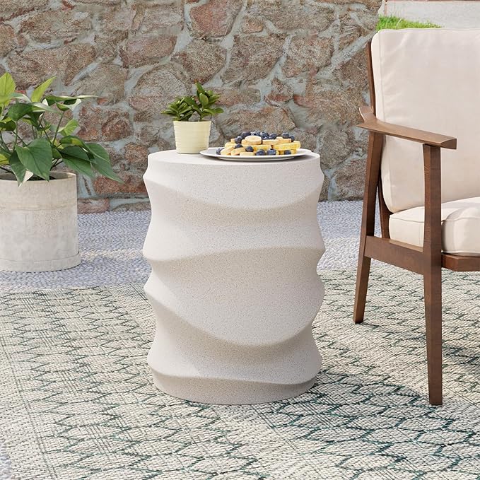 COSIEST Set of 2 Outdoor Side Table, 2 Pieces Concrete Side Table for Patio, Streamlined Lightweight Accent Table, Decorative Patio Garden Stools, Plant Stand Drum Table, Round, Spotted White
